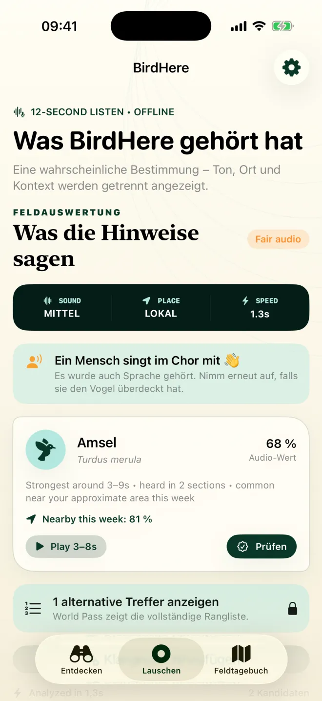 BirdHere-Ergebnisansicht: Amsel, 68 % Audio-Wert, mittlere Aufnahmequalität und der Hinweis, dass auch eine menschliche Stimme zu hören war