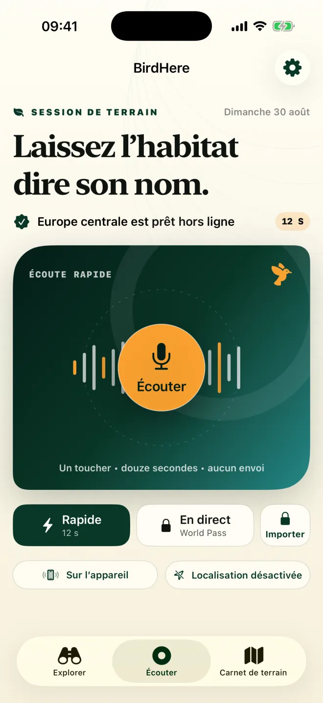 Écran d’écoute de BirdHere avec le bouton Écouter et la mention : un toucher, douze secondes, aucun envoi