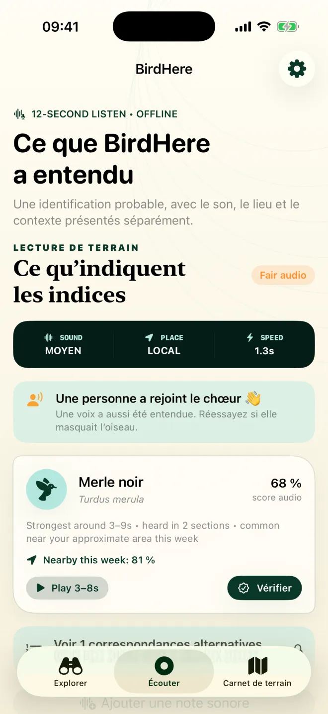 Écran de résultat de BirdHere : merle noir, score audio de 68 %, qualité d’enregistrement moyenne et une note indiquant qu’une voix humaine a aussi été entendue