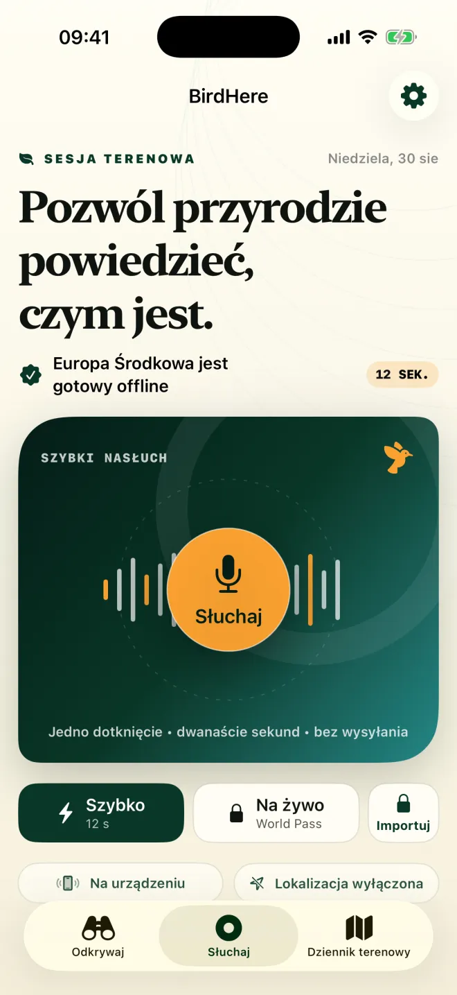 Ekran słuchania BirdHere z przyciskiem Słuchaj i dopiskiem: jedno dotknięcie, dwanaście sekund, bez wysyłania