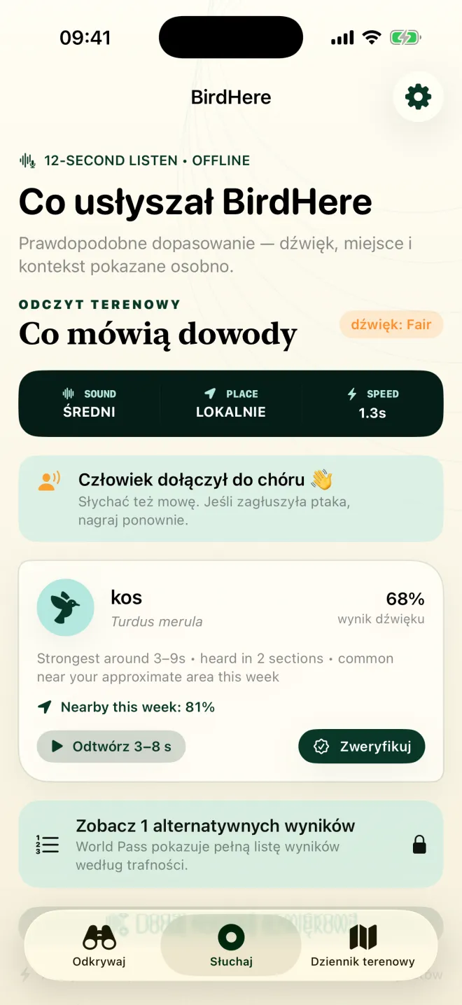 Ekran wyniku BirdHere: kos, wynik dźwięku 68%, średnia jakość nagrania i informacja, że słychać było także ludzki głos